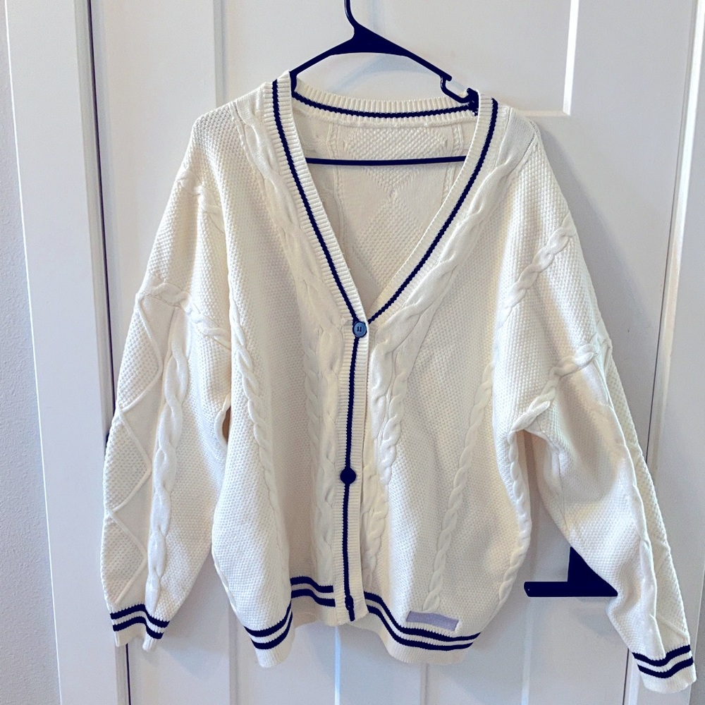 Cozy Cream Cardigan with black stripes and lavender stars